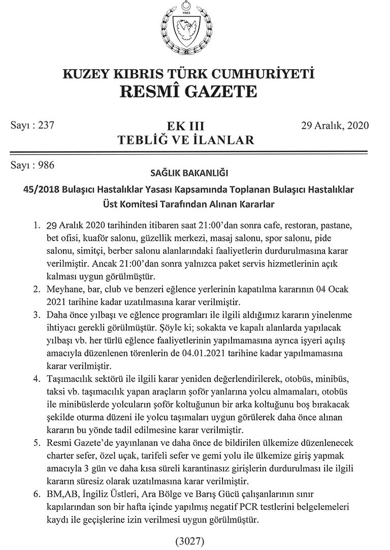 Bulaşıcı Hastalıklar Üst Komitesi kararları resmi gazete'de yayınlandı