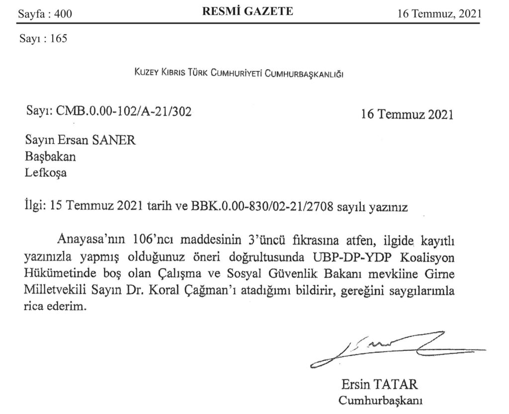 koral çağman yeniden bakan resmi gazete