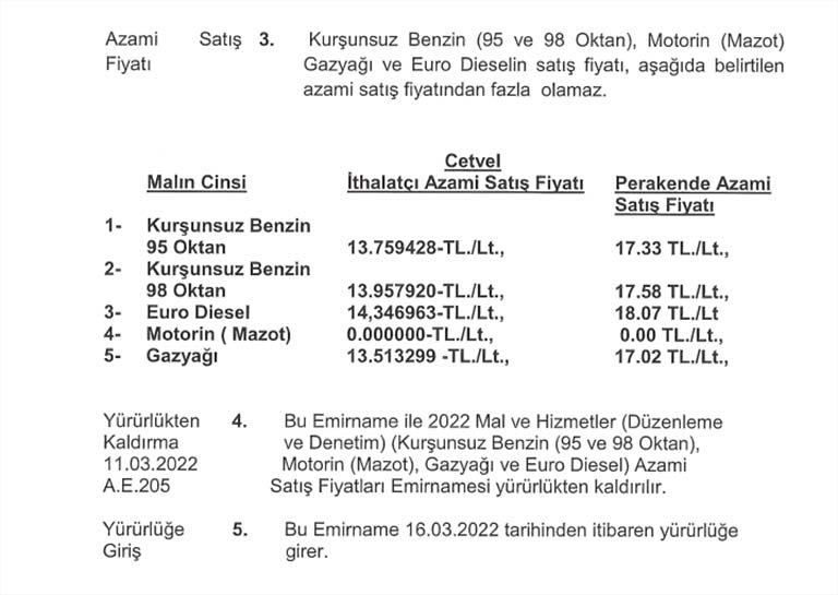 KKTC Akaryakıt fiyatları indirim Resmi Gazete