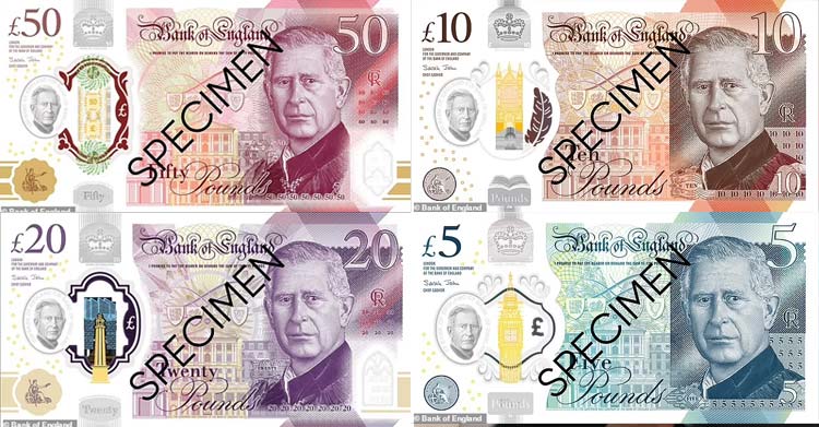 İngiltere Merkez Bankası, üzerinde Kral Charles’ın resminin yer aldığı yeni banknotların tasarımlarını kamuoyuyla paylaştı.