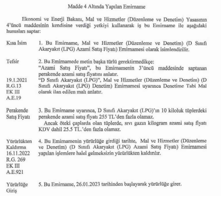kktc ev tipi tüp gaz zam resmi gazete