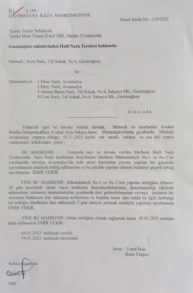 Halil Narlı Tereke ilanı
