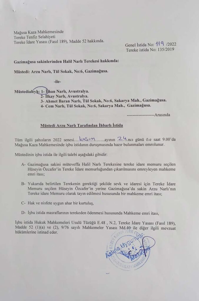Halil Narlı Tereke ilanı