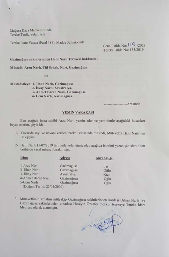 Halil Narlı Tereke ilanı