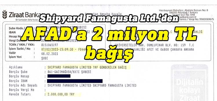 Shipyard Famagusta Ltd.'den depremzedelere 2 milyon TL bağış