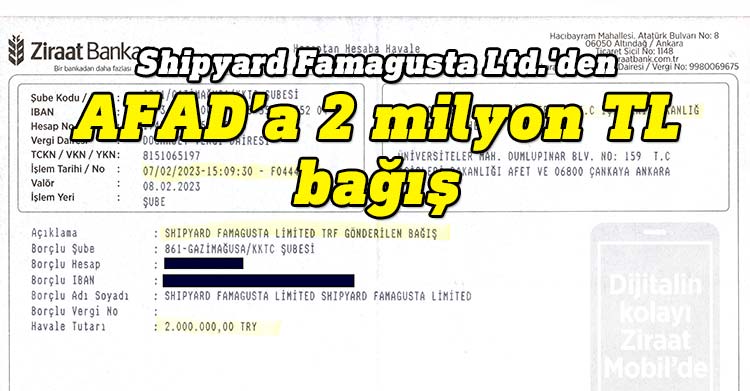 Shipyard Famagusta Ltd.'den depremzedelere 2 milyon TL bağış