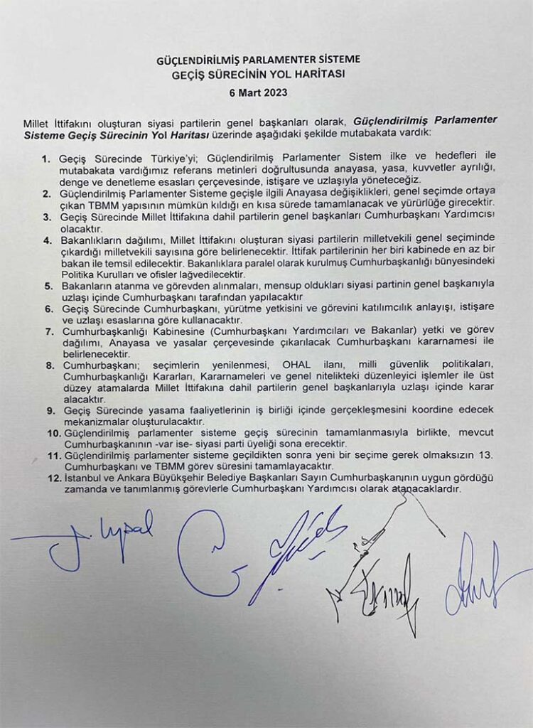 Biz Millet İttifakı olarak Türkiye’yi istişare ve uzlaşıyla yöneteceğiz. Millet İttifakı’nı oluşturan siyasi partilerin genel başkanları olarak, güçlendirmiş parlementer sisteme geçiş sistemin yol haritası üzerinde mutabık kalmış bulunuyoruz. 11 madde az önce içeride sonuçlandı.