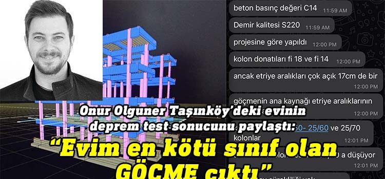 Mimar Onur Olguner, evinin de bulunduğu Taşkınköy Sosyal Konut apartmanının deprem testi sonucunun "GÖÇME" olduğunu açıkladı.