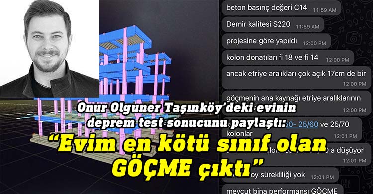 Mimar Onur Olguner, evinin de bulunduğu Taşkınköy Sosyal Konut apartmanının deprem testi sonucunun "GÖÇME" olduğunu açıkladı.