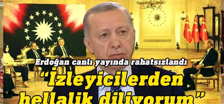 TC Cumhurbaşkanı Recep Tayyip Erdoğan, katıldığı Kanal 7 ve Ülke TV'nin ortak yayınında rahatsızlandı ve yayına ara verildi. Yaklaşık 20 dakika ara verilen program tekrar başlarken, yoğun kampanya çalışması sırasında rahatsızlandığını belirten Erdoğan, "Sizlerden ve seyircilerimizden helallik diliyorum" dedi.
