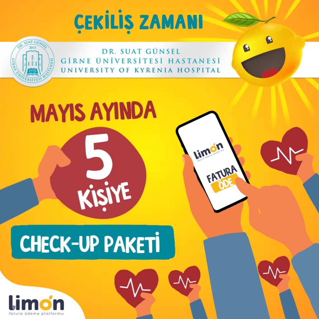 Limon Fatura mobil uygulaması ile ödeme yapanlar kazanıyor. Limon mobil uygulaması ile Mayıs ayında ödeme yapan5 kişi  YDÜ hastanesinden check up kazanacak.  