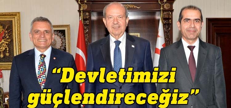 Cumhurbaşkanı Ersin Tatar, Türk Bankası Grup Yönetici Direktörü Erhan Raif ve Türk Bankası Genel Müdürü Mustafa Kayahan’ı kabul etti.
