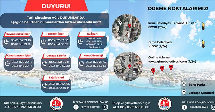 Girne Belediyesi, yeni yıl tatili süresince Girne halkına kesintisiz hizmet sunabilmek adına gerekli tedbirleri aldı.