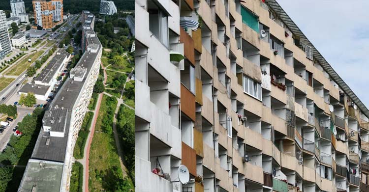Polonya’da 1970'li yıllarda inşa edilen “Falowiec” apartman bloğu, 800 metre uzunluğuyla Avrupa'nın en geniş ikinci konut binası konumunda. Üç ayrı otobüs durağının olduğu, dört bölüme ayrılmış, 11 katlı devasa binanın her bölümünde 110 daire yer alırken toplamda bin 792 daire var ve yaklaşık 6 bin kişinin yaşadığı tahmin ediliyor.
