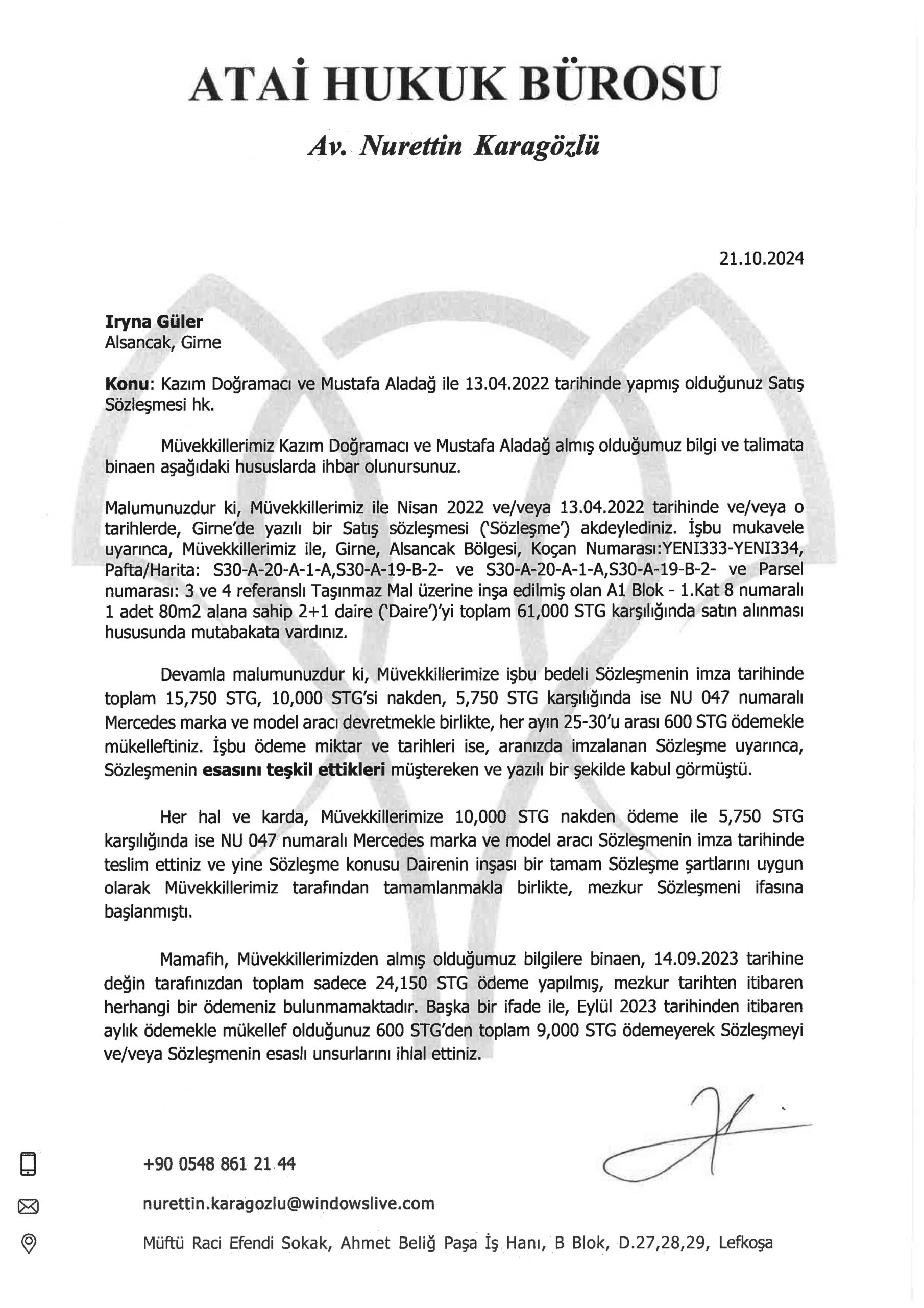 Kazım Doğramacı Mustafa Alagöz Satış Sözleşmesi iptali
