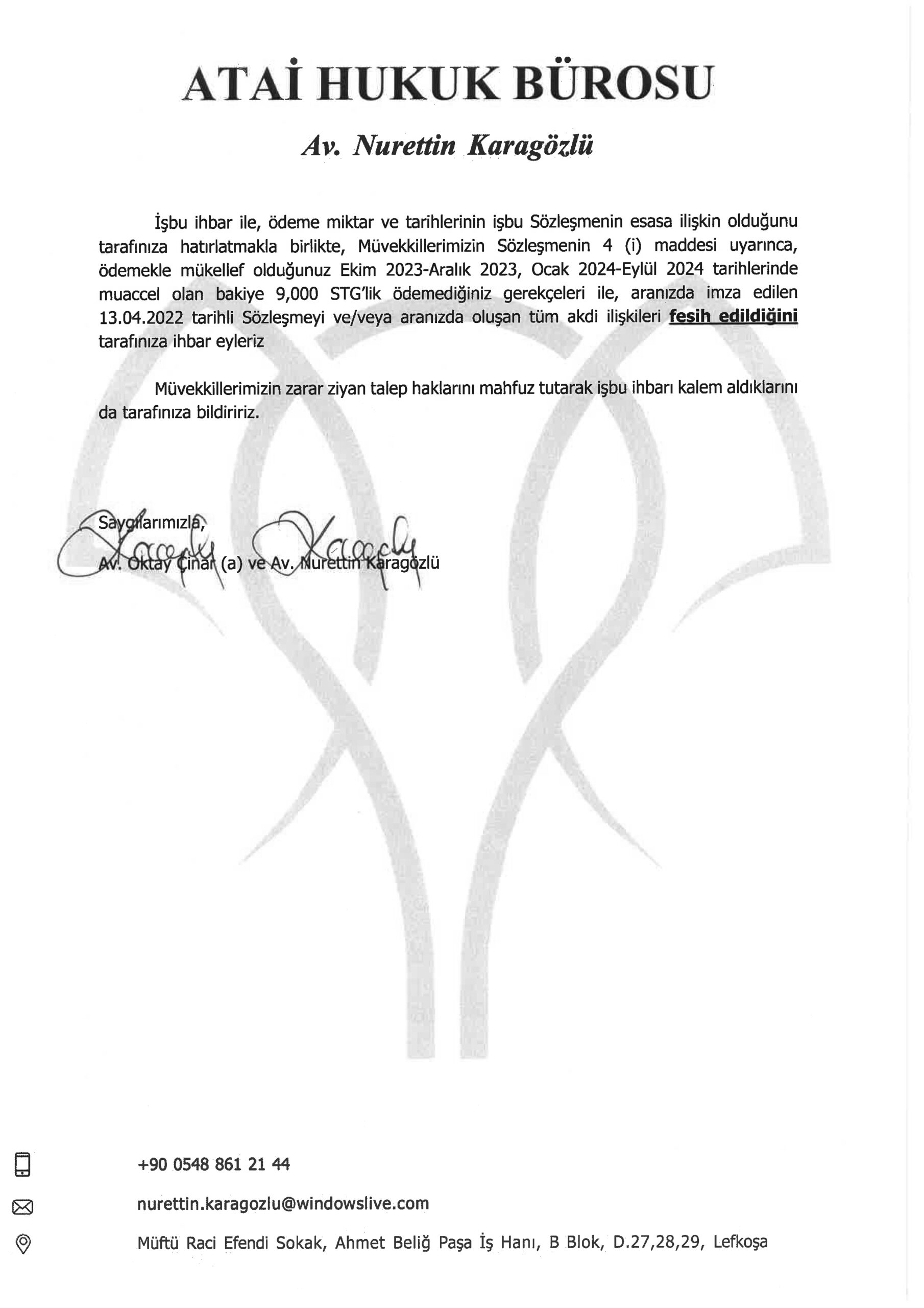 Kazım Doğramacı Mustafa Alagöz Satış Sözleşmesi iptali